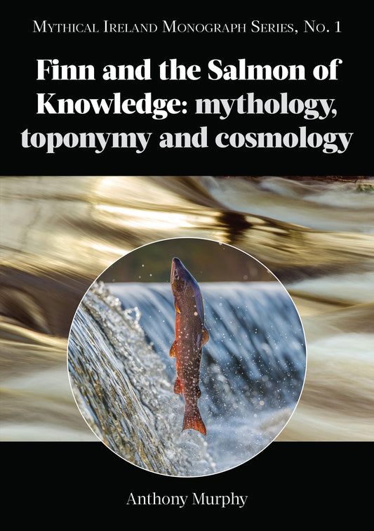 Image of the book Finn and the Salmon of Knowledge: mythology, toponomy and cosmology. This image shows a photograph of a salmon in a river as the book cover.