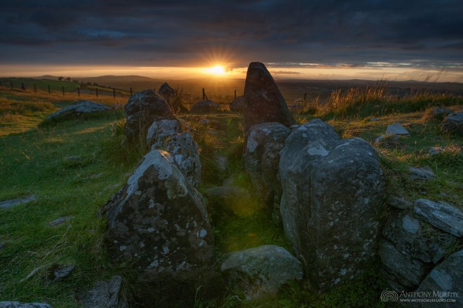 Cairn S at Slieve na Calliagh, Loughcrew, Co. Meath, is a special monument of the New Stone Age. It was built there, part of a substantial complex of cairns, over five thousand years ago. It is one of just three cairns which has a passage pointing towards the western aspect – almost all the others pointing towards somewhere in the east.