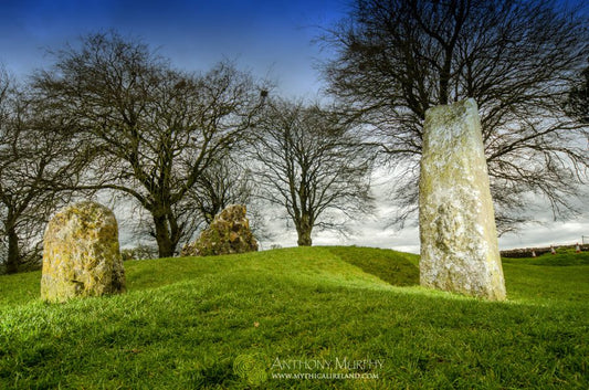 The two standing stones  on the Hill of Tara – known as Blocc and Bluigne – pictured in wintertime. These two stones, located in St. Patrick's Churchyard on the Hill of Tara, were said in mythology to part wide enough to allow a chariot through if the chariot was driven by the man who would become the High King. The taller stone has a figurine engraved in relief on its eastern face, said to be a Sheela-na-gig.