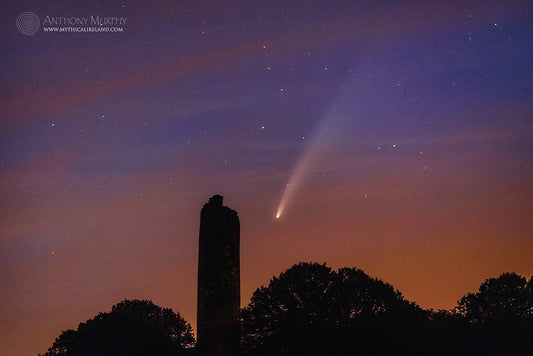 In July 2020, the comet C/2020 F3 NEOWISE put on a spectacular show in the northern twilight sky over Ireland. Here, I captured it over the round tower at the monastery of Monasterboice, Co. Louth. The monastery was founded in the late fifth century.