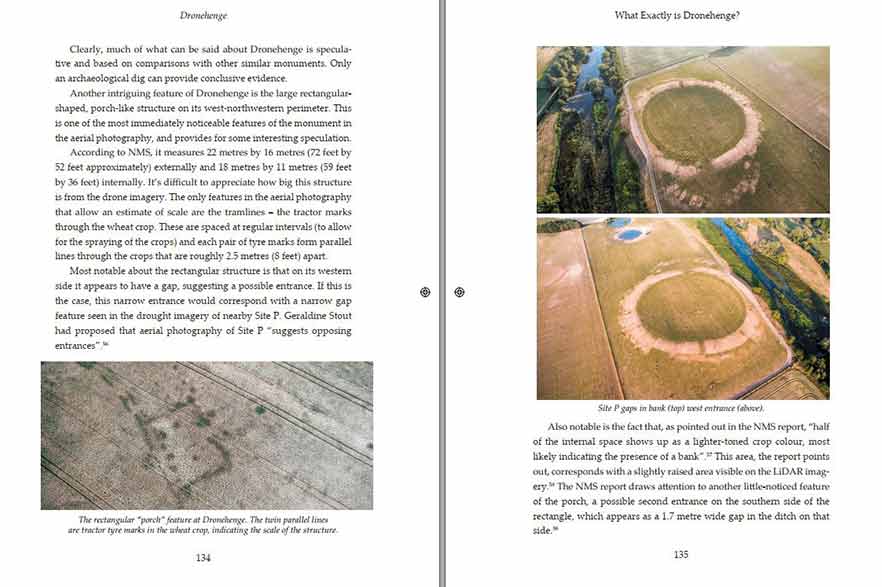 a photograph of pages in the book showing aerial shots of the Dronehenge discovery.
