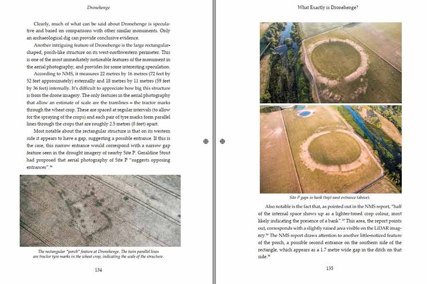 a photograph of pages in the book showing aerial shots of the Dronehenge discovery. 