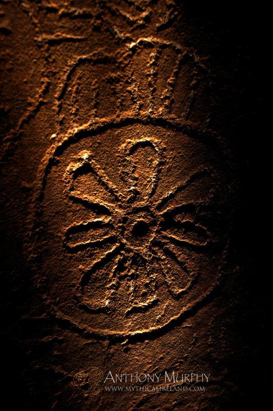 A sunwheel engraving from the 'Equinox Stone' at the rear of the chamber of Cairn T (The Hag's Cairn), Loughcrew. This stone receives the light of the sun at the equinoxes.&nbsp;