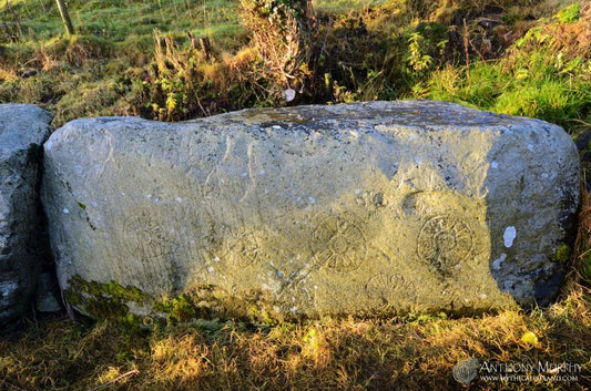 A shadow crosses the face of the Stone of the Seven Suns at Dowth in midwinter.