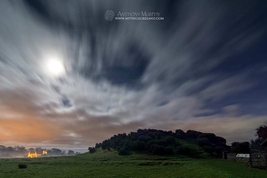 The great mound of Dowth, Brú na Bóinne, under a winter full moon.