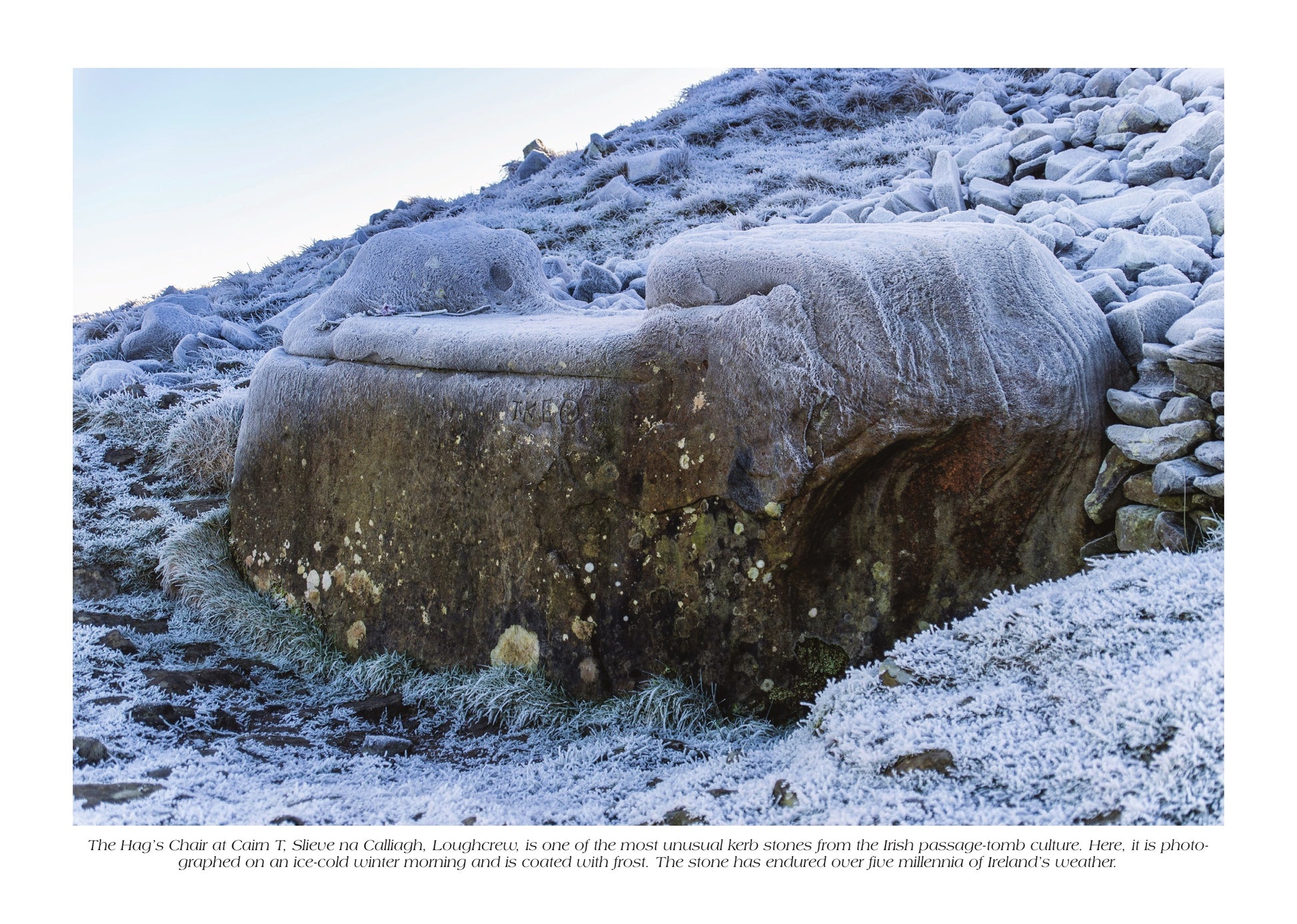 Frost-covered Cairn T at Loughcrew, County Meath