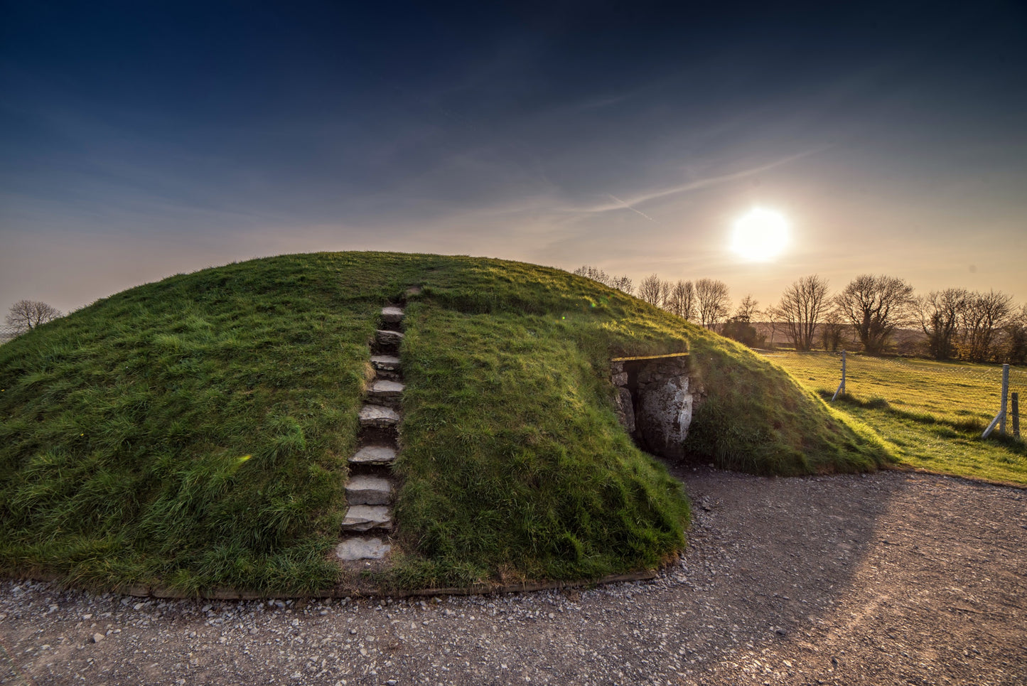 A spring sunset at the Fourknocks I passage-tomb in Co. Meath