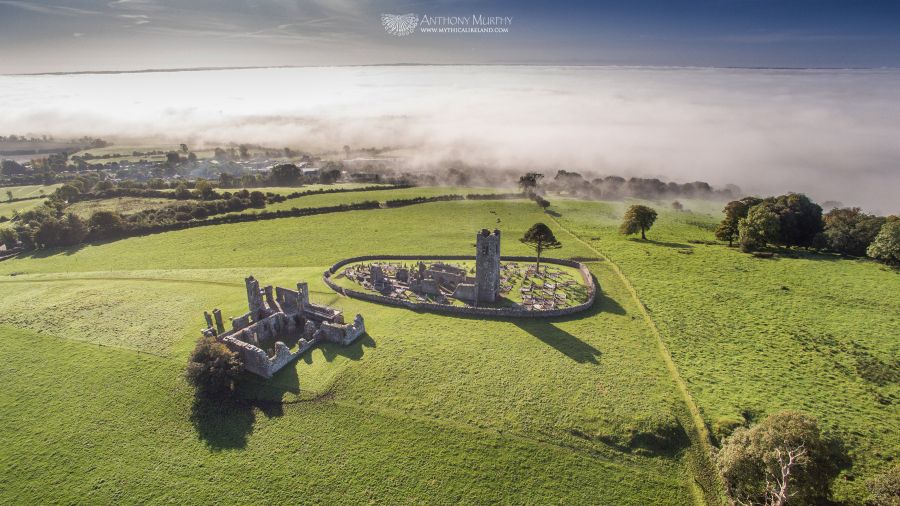 Hill of Slane and fog aerial view