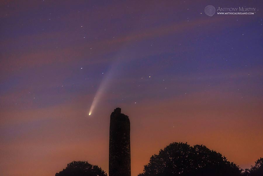 In July 2020, the comet C/2020 F3 NEOWISE put on a spectacular show in the northern twilight sky over Ireland. Here, I captured it over the round tower at the monastery of Monasterboice, Co. Louth. The monastery was founded in the late fifth century.
