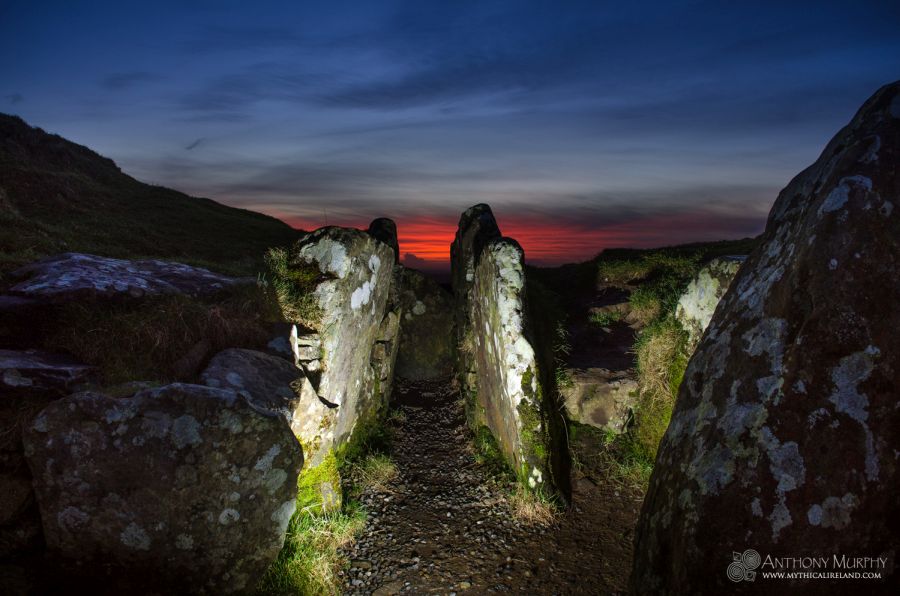 Cairn U red sky at Loughcrew