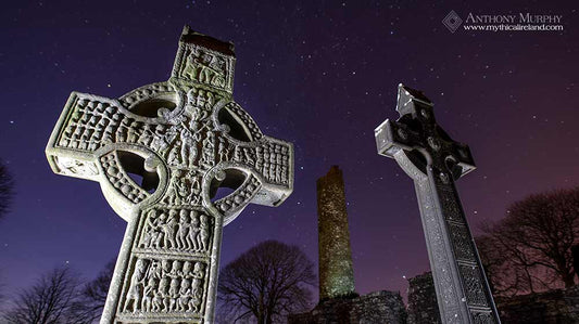 Muiredach's Cross and Monasterboice round tower beneath the stars