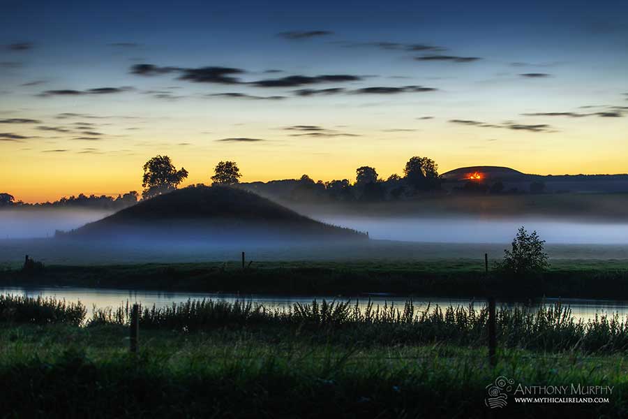 Newgrange and Mound B in twilight mist