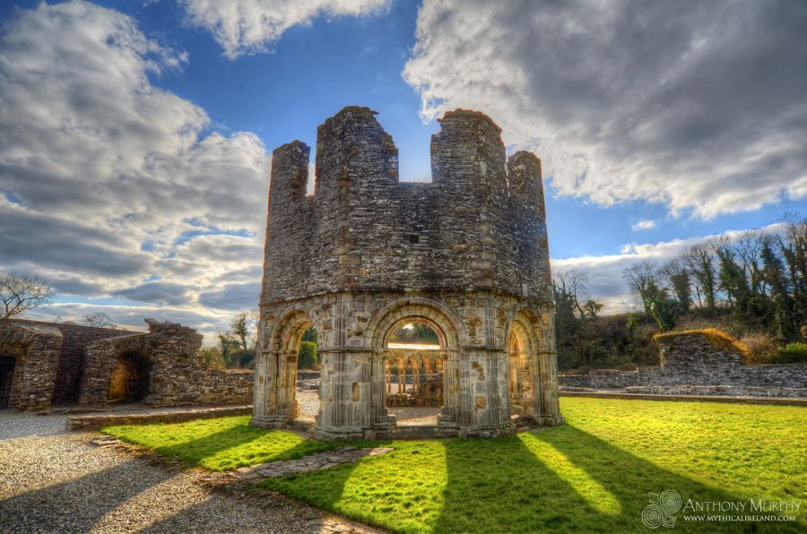 The summer evening sun shines behind the lavabo at Mellifont Abbey in County Louth.