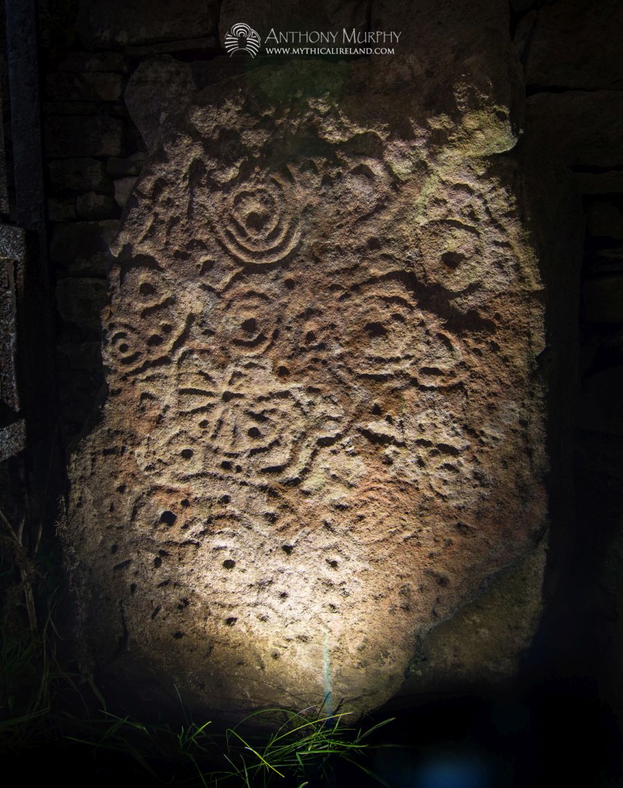 Detail from one of the passage orthostats at Cairn T, Loughcrew. Sadly, this photograph is not possible today because Cairn T is inaccessible, having been locked up in October 2018 due to concerns about possible subsidence and collapse. I am fortunate to have been inside Cairn T over a period of many years, capturing views of its interior that are no longer possible to obtain.